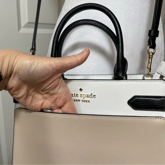 Kate Spade Staci Medium Satchel Crossbody Saffiano Leather Tan White Black - Picture 9 of 16